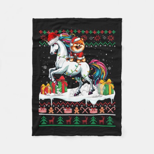 Santa Spitz Riding Unicorn Weihnachtskraut Fleecedecke (Vorderseite)