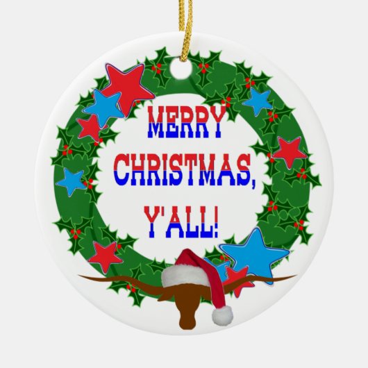 Santa Steer - Frohe Weihnachten - alles Keramikornament (Vorne)