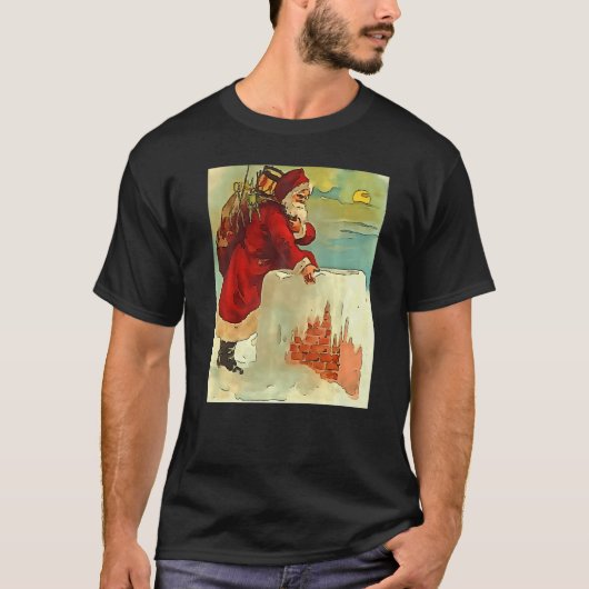 Santa Stepping Into A Rooftop Chimney Black Outlin T-Shirt (Vorderseite)