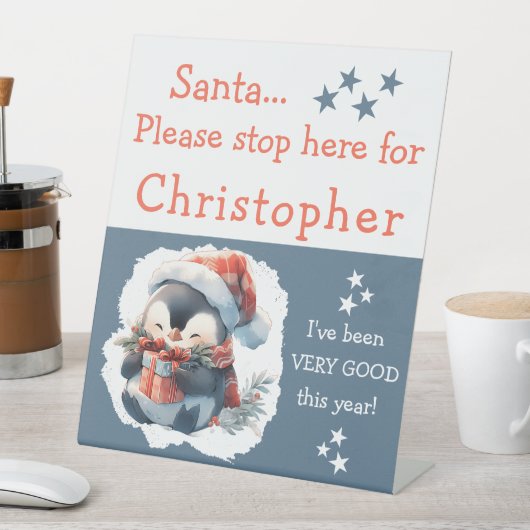 Santa Stopp hier geben den Namen niedlich Pinguin  Sockelschild (In Situ)