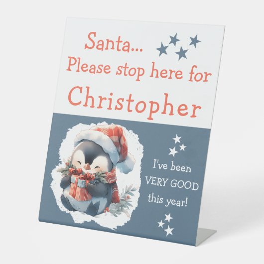 Santa Stopp hier geben den Namen niedlich Pinguin Sockelschild (Vorderseite)
