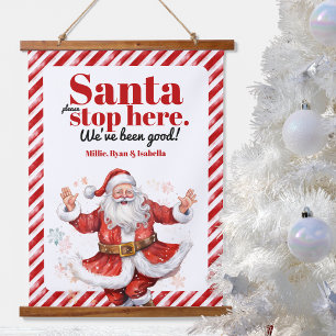 Santa Stopp hier Modernes Weißes Strip Weihnachten Wandteppich Mit Holzrahmen