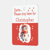 Santa Stopp hier Name niedlich Pinguin rot Ornament Aus Metall (Vorderseite links)