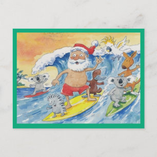 Santa Surfen mit seinen Tierfreunden Feiertagspostkarte