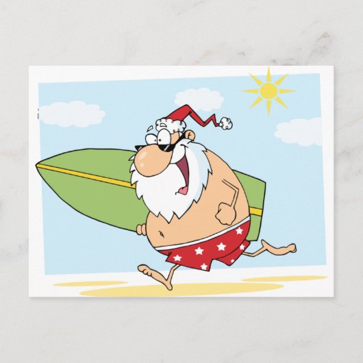 Santa-Surfer am Strand Feiertagspostkarte (Vorderseite)