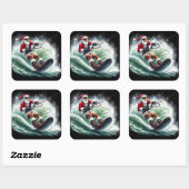 Santa Surfing bei Sonnenuntergang Quadratischer Aufkleber (Blatt)