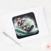 Santa Surfing bei Sonnenuntergang Quadratischer Aufkleber (Umschlag)