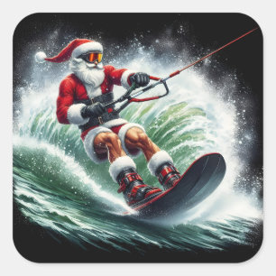 Santa Surfing bei Sonnenuntergang Quadratischer Aufkleber