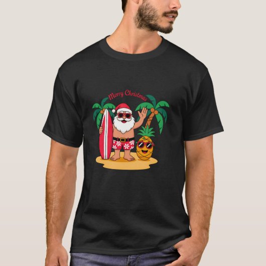 Santa Surfing Hawaiian Beach Weihnachten im Juli T T-Shirt (Vorderseite)