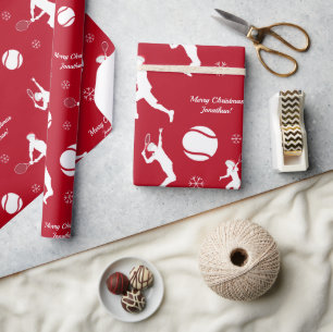 Santa Tennis Player Ball Muster Red Xmas Kid Name Geschenkpapier