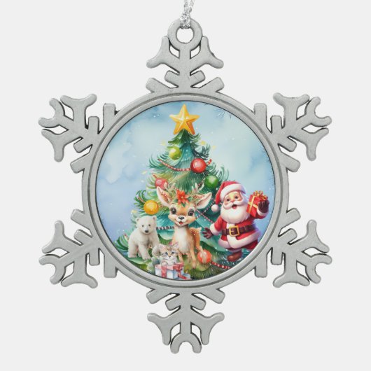 SANTA & TIERE FREUNDE SCHNEEFLAKE ORNATION SCHNEEFLOCKEN Zinn-Ornament (Vorderseite)