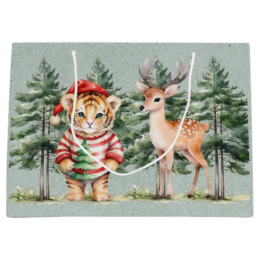 Santa Tiger und ein Hirschbaum Weihnachten Große Geschenktüte (Vorderseite)