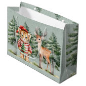 Santa Tiger und ein Hirschbaum Weihnachten Große Geschenktüte (Vorderseite Schrägansicht)