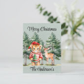 Santa Tiger und ein Hirschbaum Weihnachten Postkarte (Stehend Vorderseite)