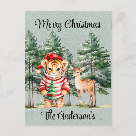Santa Tiger und ein Hirschbaum Weihnachten Postkarte (Vorderseite)