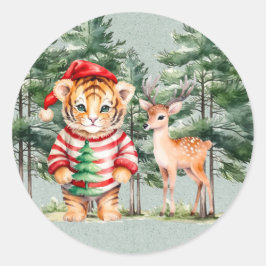 Santa Tiger und ein Hirschbaum Weihnachten Runder Aufkleber