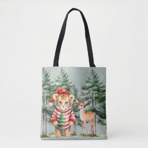 Santa Tiger und ein Hirschbaum Weihnachten Tasche