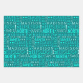 Santa Typografie Aquamarin Blue Kids Name Weihnach Geschenkpapier Set (Vorderseite)