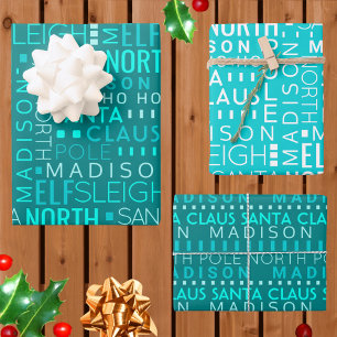 Santa Typografie Aquamarin Blue Kids Name Weihnach Geschenkpapier Set