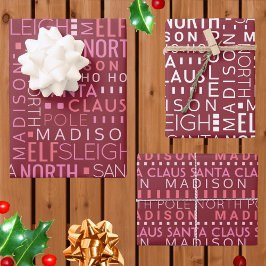 Santa Typografie Burgundy Red Kids Name Weihnachte Geschenkpapier Set