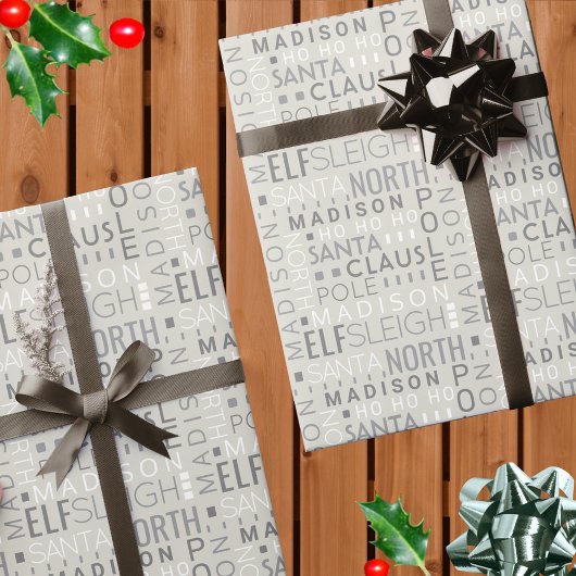Santa Typografie Chic Gray Niedlich Add Kinder Nam Geschenkpapier