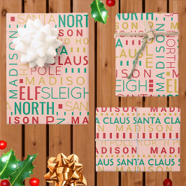 Santa Typografy Red Green Kids Name Weihnachten Geschenkpapier Set