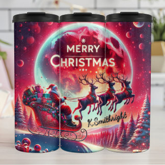 Santa über den gefrorenen Kiefern Thermosbecher