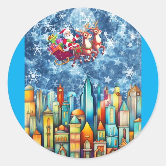 SANTA ÜBER DER STADT RUNDER AUFKLEBER (Vorderseite)