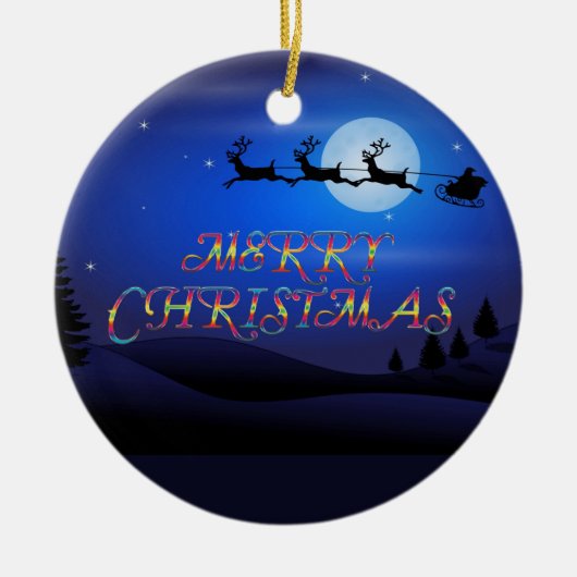 Santa über einem blauen Mond Keramik Ornament (Vorne)