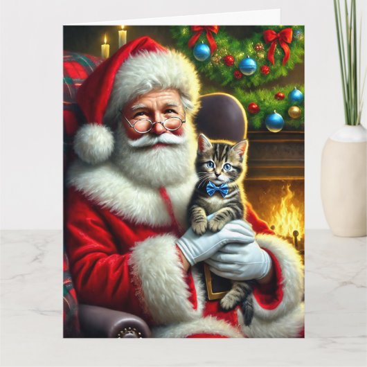 Santa und Adorable Tabby Kitten mit Blue Bow Karte (Vorderseite)
