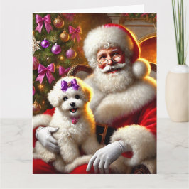 Santa und Bichon Frisé Puppy mit Lila Bow Karte