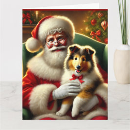 Santa und Collie Puppy mit Red Bow Karte