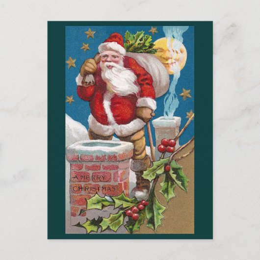 Santa und der Mann im Mond Vintage-Weihnachten Feiertagspostkarte (Vorderseite)