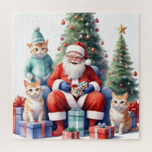 Santa und die Katzenfamilie öffnen Geschenke freud Puzzle