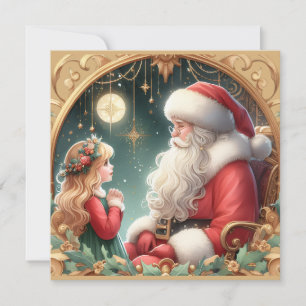 Santa und ein kleines Mädchen, rote und goldene Po Feiertagskarte