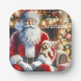 Santa und ein Welpe | Weihnachten Pappteller