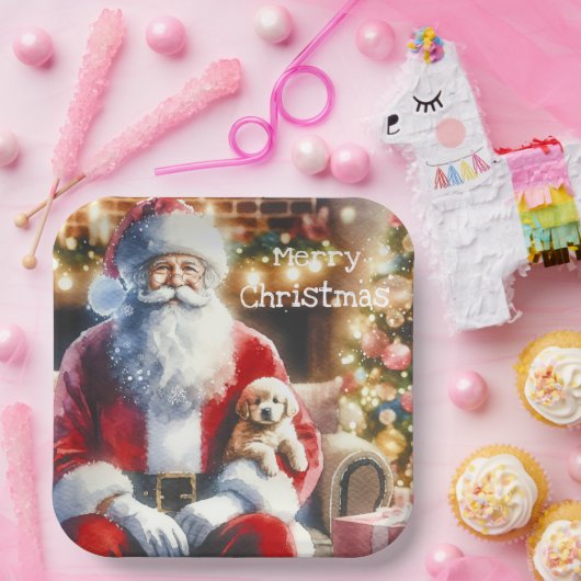 Santa und ein Welpe | Weihnachten Pappteller (Party)