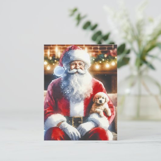 Santa und ein Welpe | Weihnachten Postkarte (Stehend Vorderseite)