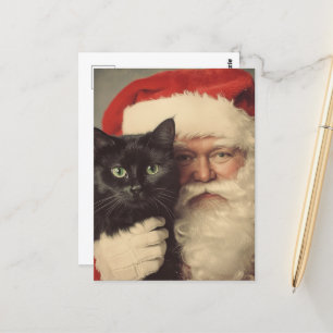 Santa und eine Niedliche schwarze Katze Postkarte