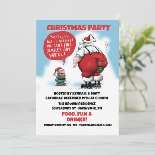 Santa und Elf Funny Cartoon Einladung (Stehend Vorderseite)