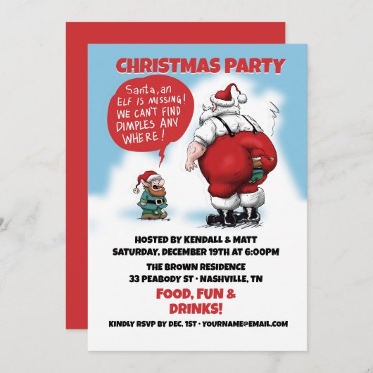 Santa und Elf Funny Cartoon Einladung (Vorne/Hinten)
