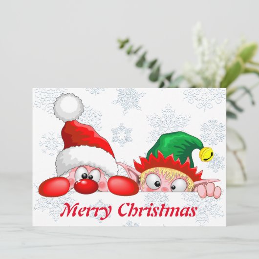 Santa und Elf Niedlich und lustig Weihnachten Cart Einladung (Stehend Vorderseite)