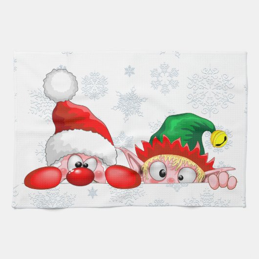 Santa und Elf Niedliche und lustige Charaktere pin Geschirrtuch (Horizontal)