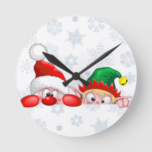 Santa und Elf Niedliche und lustige Charaktere spä Runde Wanduhr