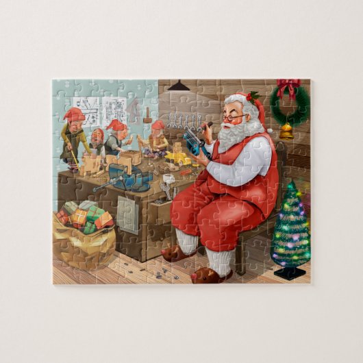 Santa und Elfen, die Spielzeug herstellen| Weihnac Puzzle (Horizontal)