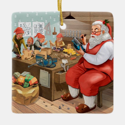 Santa und Elves machen Spielzeug | Weihnachten Keramikornament (Vorderseite)