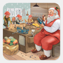 Santa und Elves machen Spielzeug | Weihnachten Quadratischer Aufkleber
