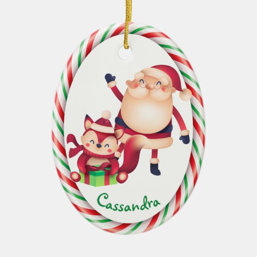 Santa und Fox Candy Cane Frame Keramik Ornament (Vorne)