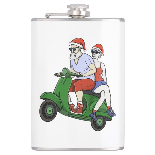 Santa und Frau Claus fahren mit einem Roller Flachmann (Vorderseite)