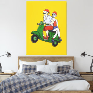Santa und Frau Claus fahren mit einem Roller Leinwanddruck